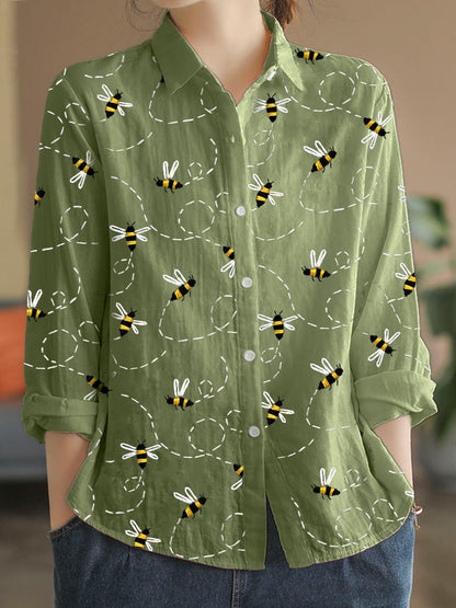 Comstylish Flying Bees Embroidery Pattern Linen Blend Blouse