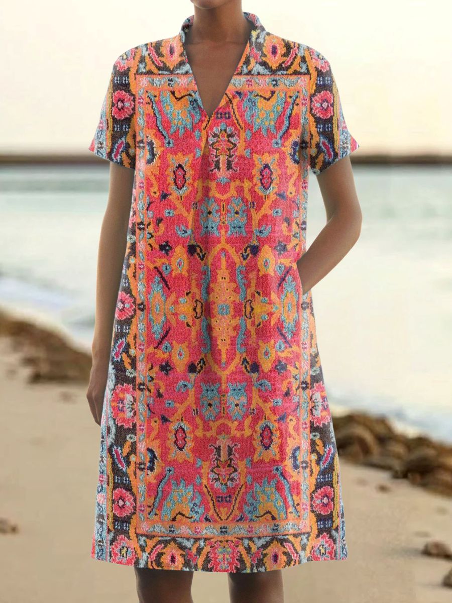 Women's Vintage Ethnic Totem Art Pattern Print V-Neck Linen Pocket Dre