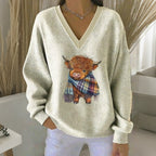 Women's Vintage Highland Cow Print V Neck Casual Sweatshirt artswardrobe