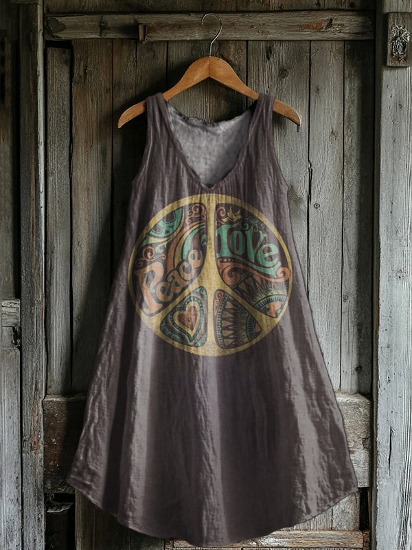 Women's Hippie Pattern Art Print V-Neck Pocket Cotton Dress