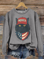 Women's Merica Patriotic Black Cat Print Sweatshirt elevenforest
