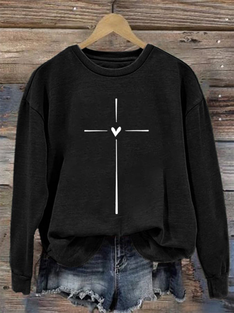 Comstylish Women's Christian Cross Printed Round Neck Long Sleeve Sweatshirt