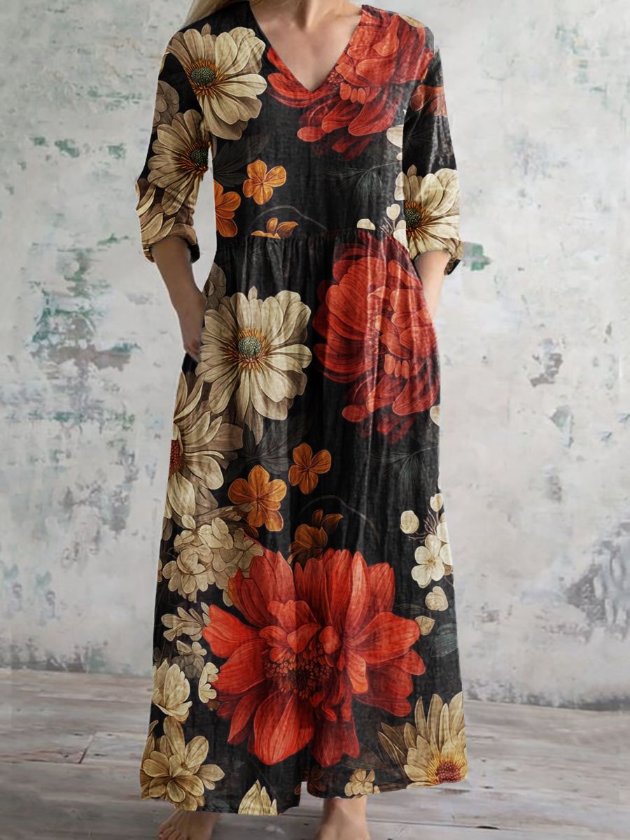Women's Vintage Floral Print Casual Cotton Dress