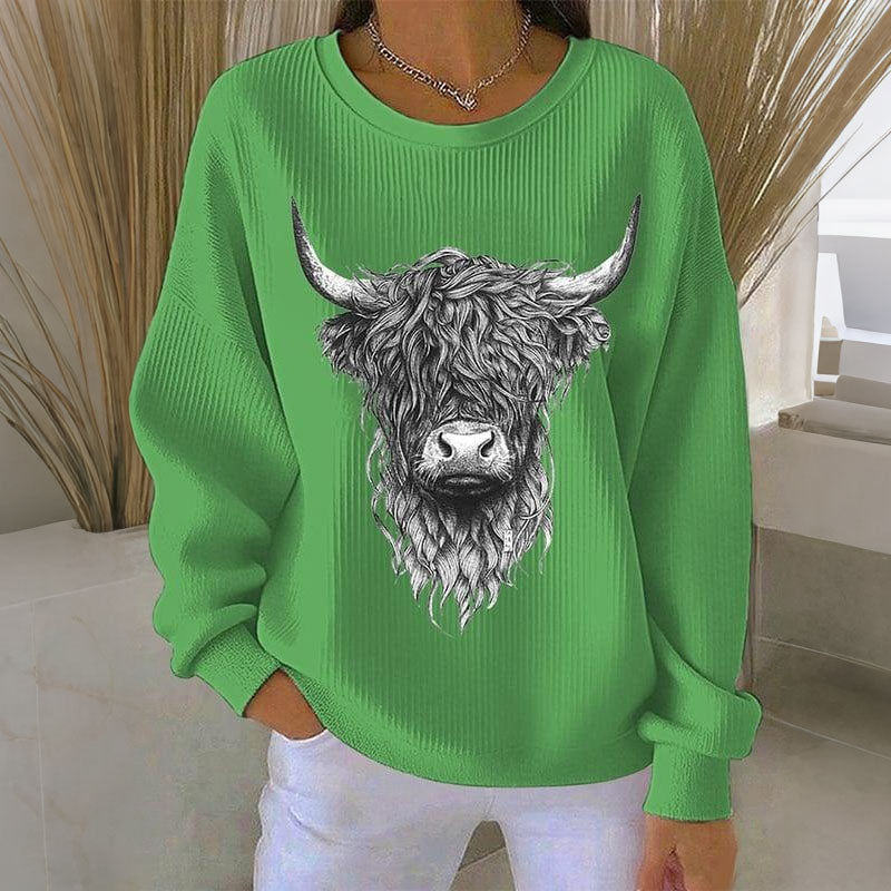 Women's Highland Cow Print Casual Crew Neck Sweatshirt artswardrobe