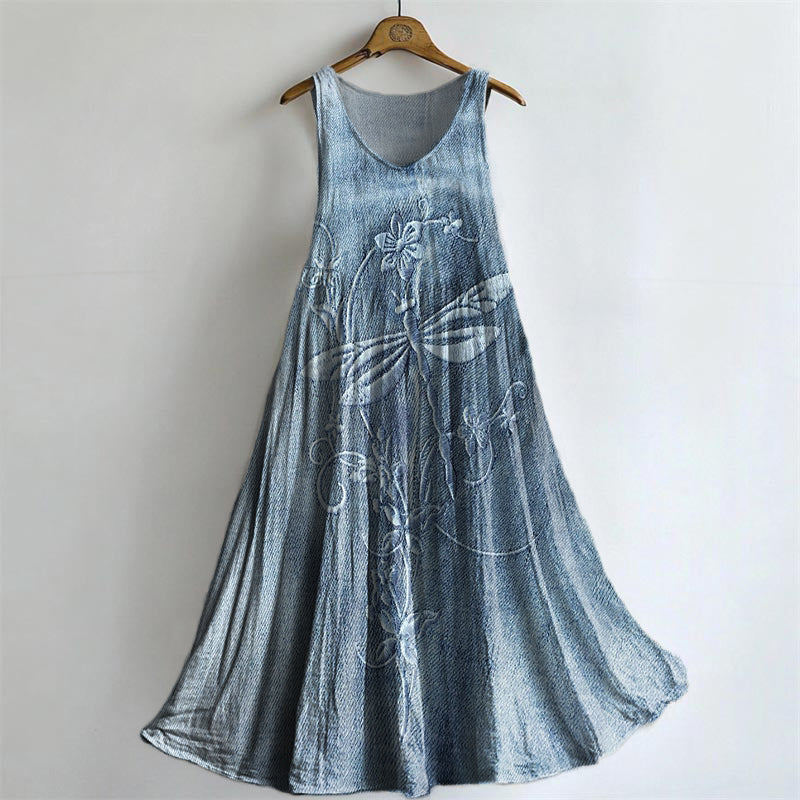 Women's Dragonfly Floral Art Print V-Neck Pocket Cotton Dress