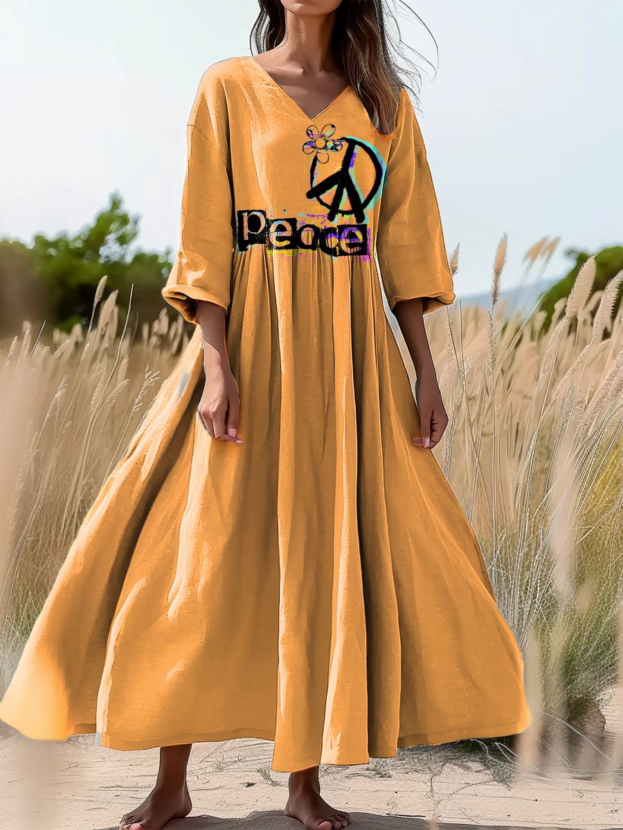 Women's Peace Loving Hippie Art Print Flowing V-Neck Cotton Dress
