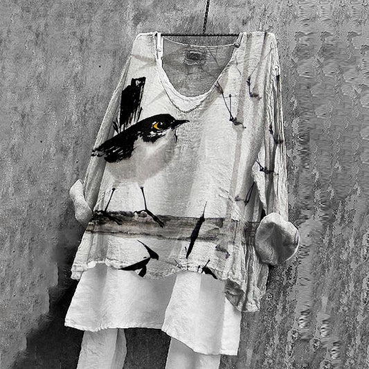 Vintage Bird‘s Art V Neck Linen Blend Blouse artswardrobe