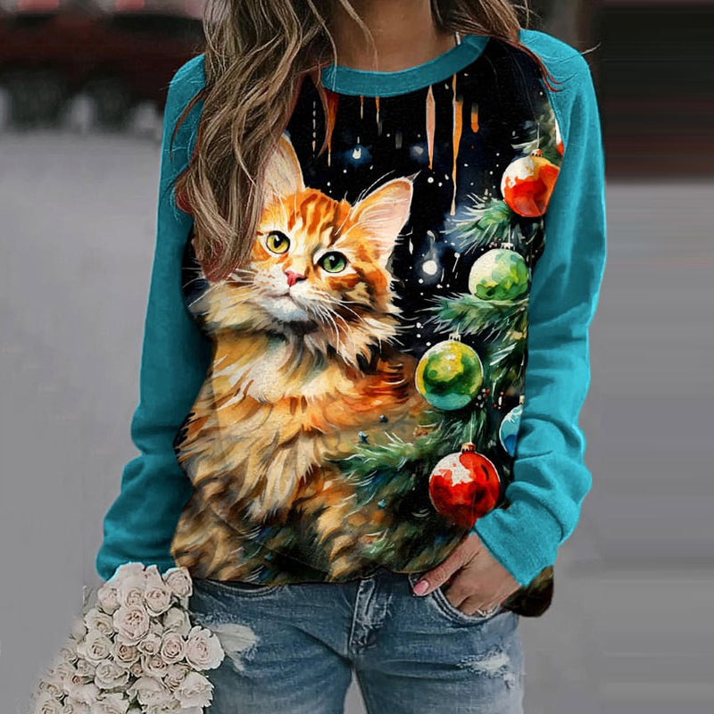 Comstylish Christmas Cat Print Crew Neck Sweatshirt