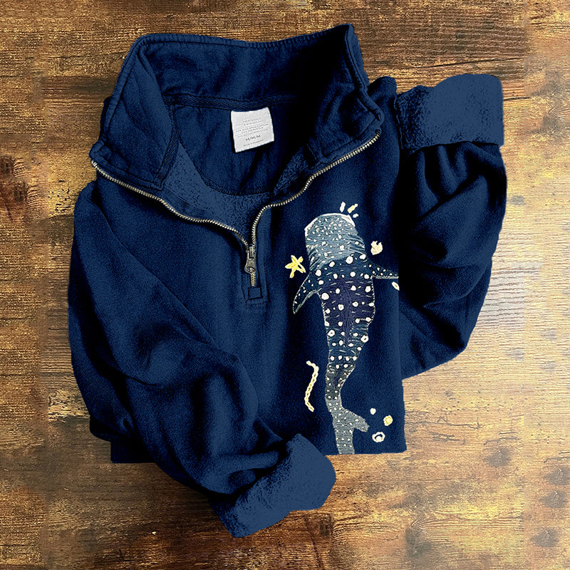 Comstylish Whale Shark Embroidered Zip Up Comfy Sweatshirt