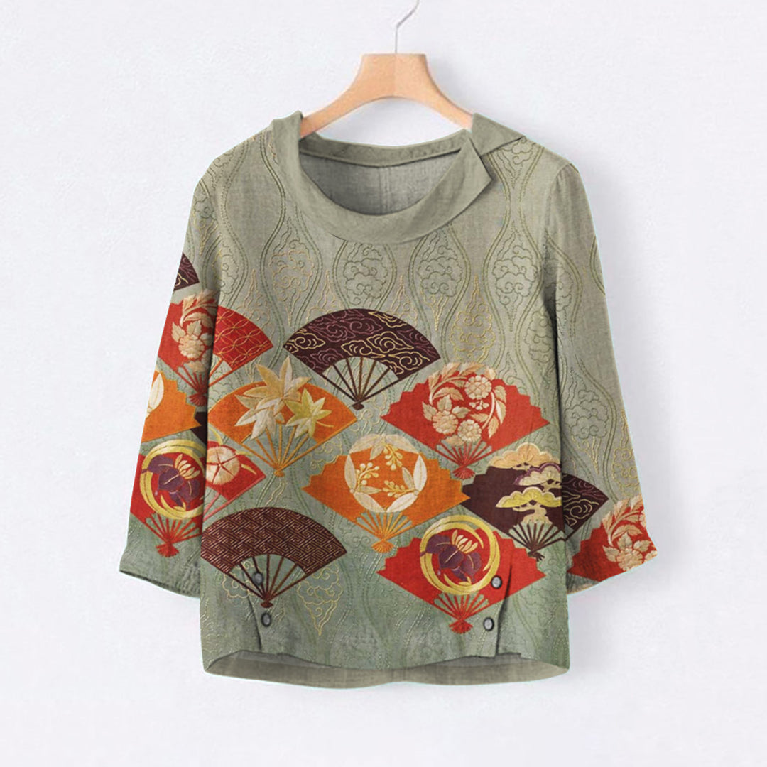 Vintage Japanese Art Fan Print Casual Blouse
