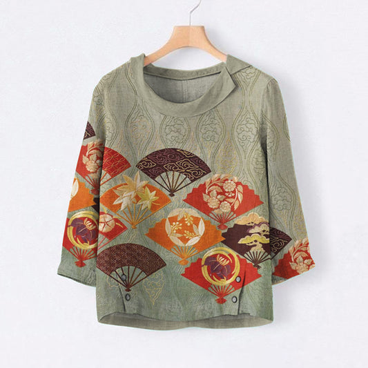 Vintage Japanese Art Fan Print Casual Blouse