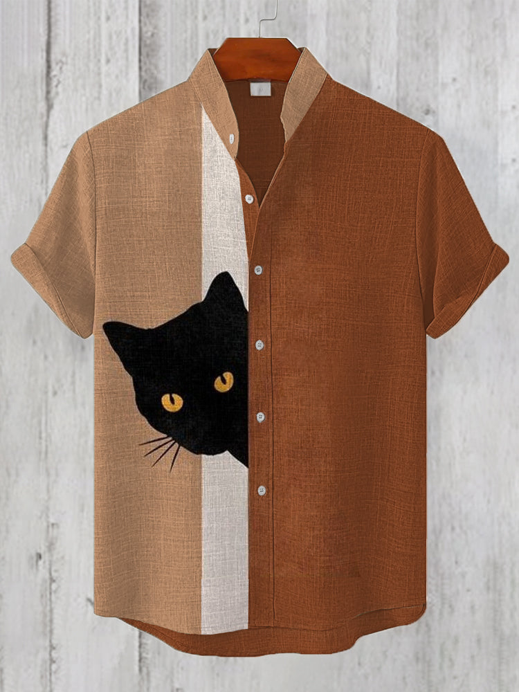 Men's Cute Cat Art Print Linen Blend Shirt elevenforest