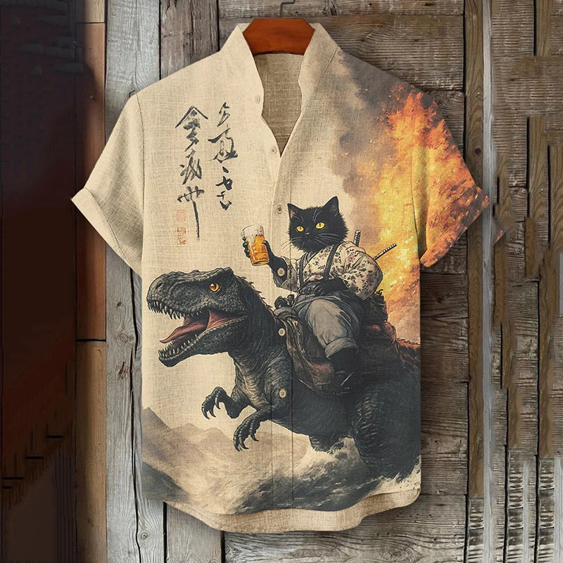 Men's Black Cat Samurai Dinosaur With Beer Print Short Sleeve Shirt elevenforest