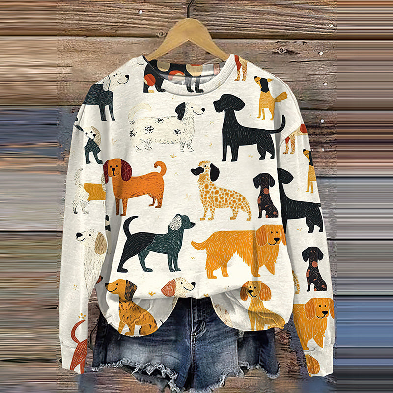 Comstylish Dog Art Print Round Neck Long Sleeve Sweatshirt