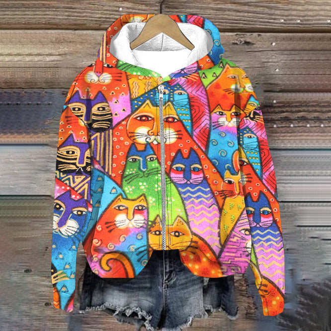Colorful Cat Print Women's Zipper Sweatshirt elevenforest
