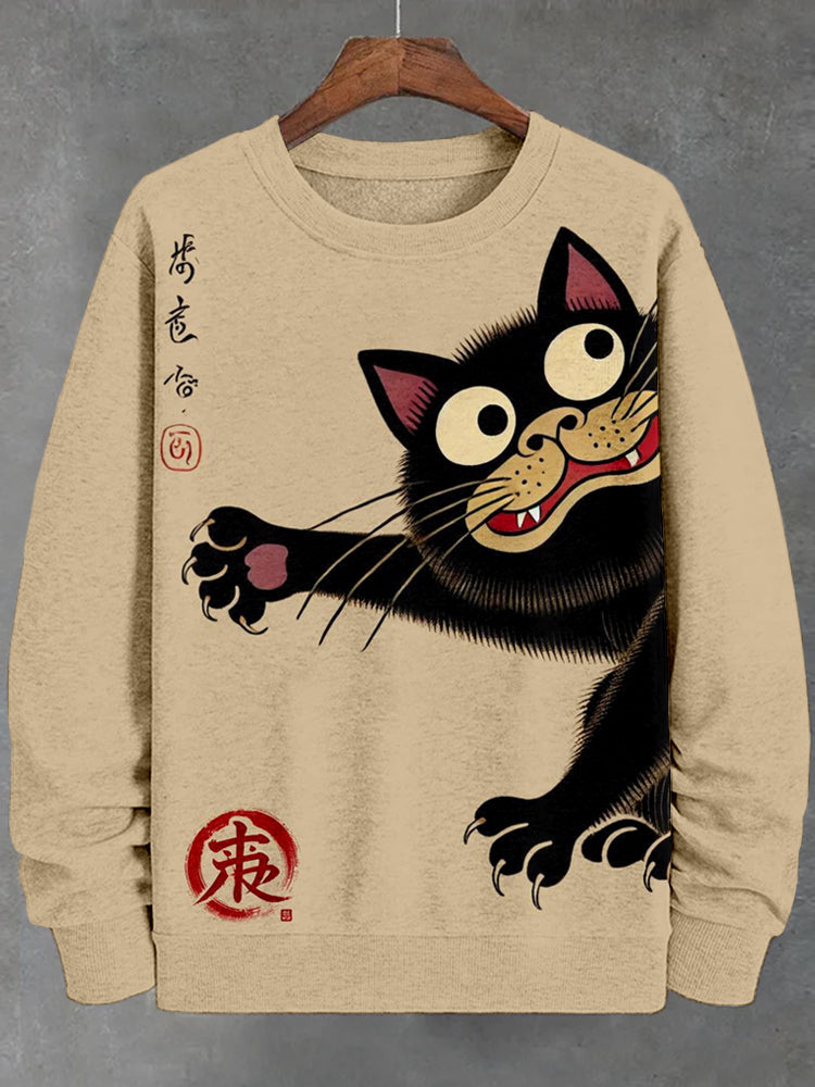 Men's Funny Japanese Cat Art Vintage Comfy Sweatshirt elevenforest