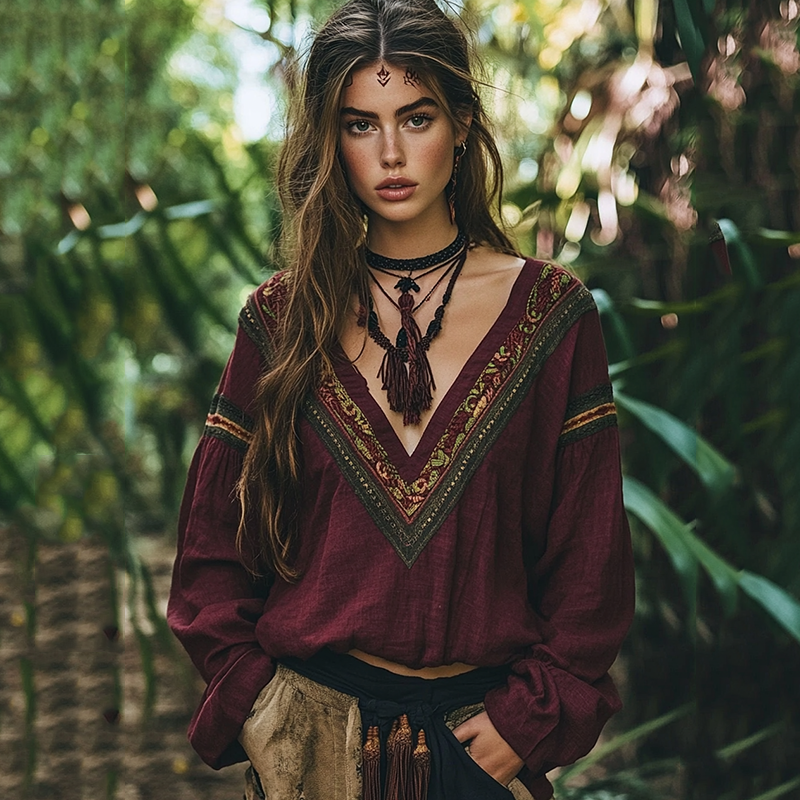 Comstylish Retro Tribal Embroidery Print Cotton Linen Blend Loose Blouse