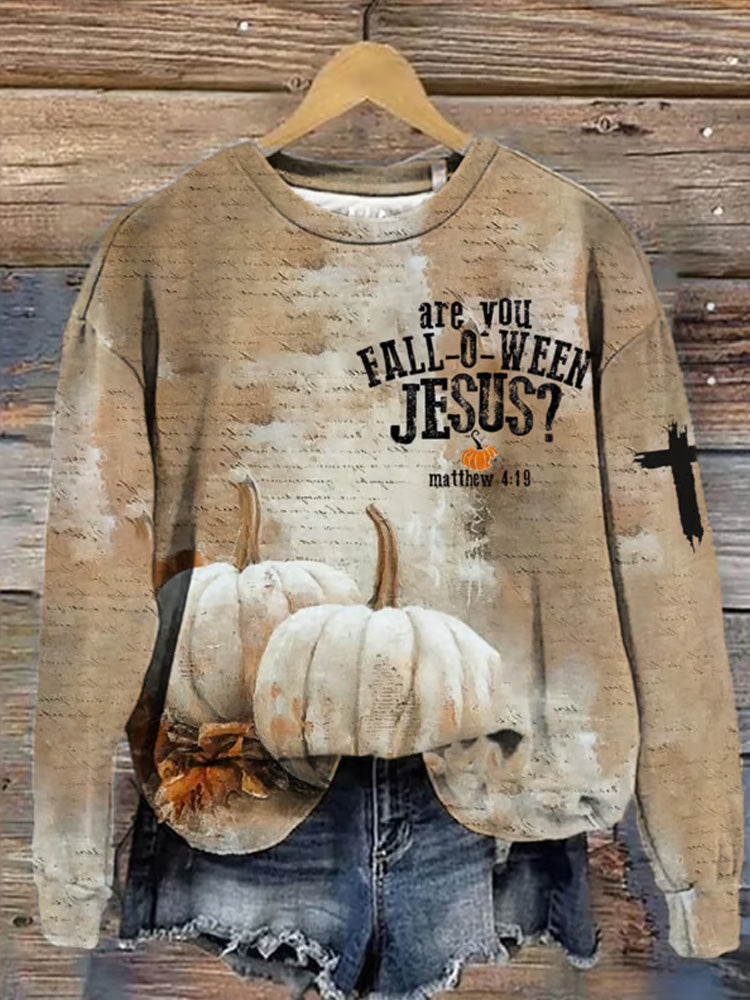 Women's Are You Fall-o-ween Jesus Matthew 4:19 Print Crew Neck Sweatshirt artswardrobe