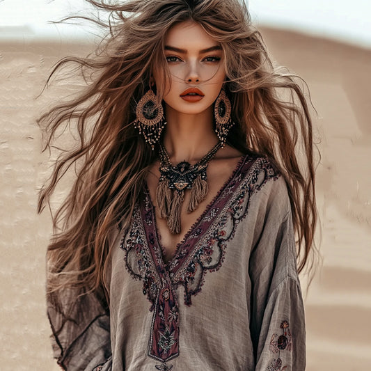 Comstylish Vintage Boho Floral Embroidery Art Cotton Blend Blouse