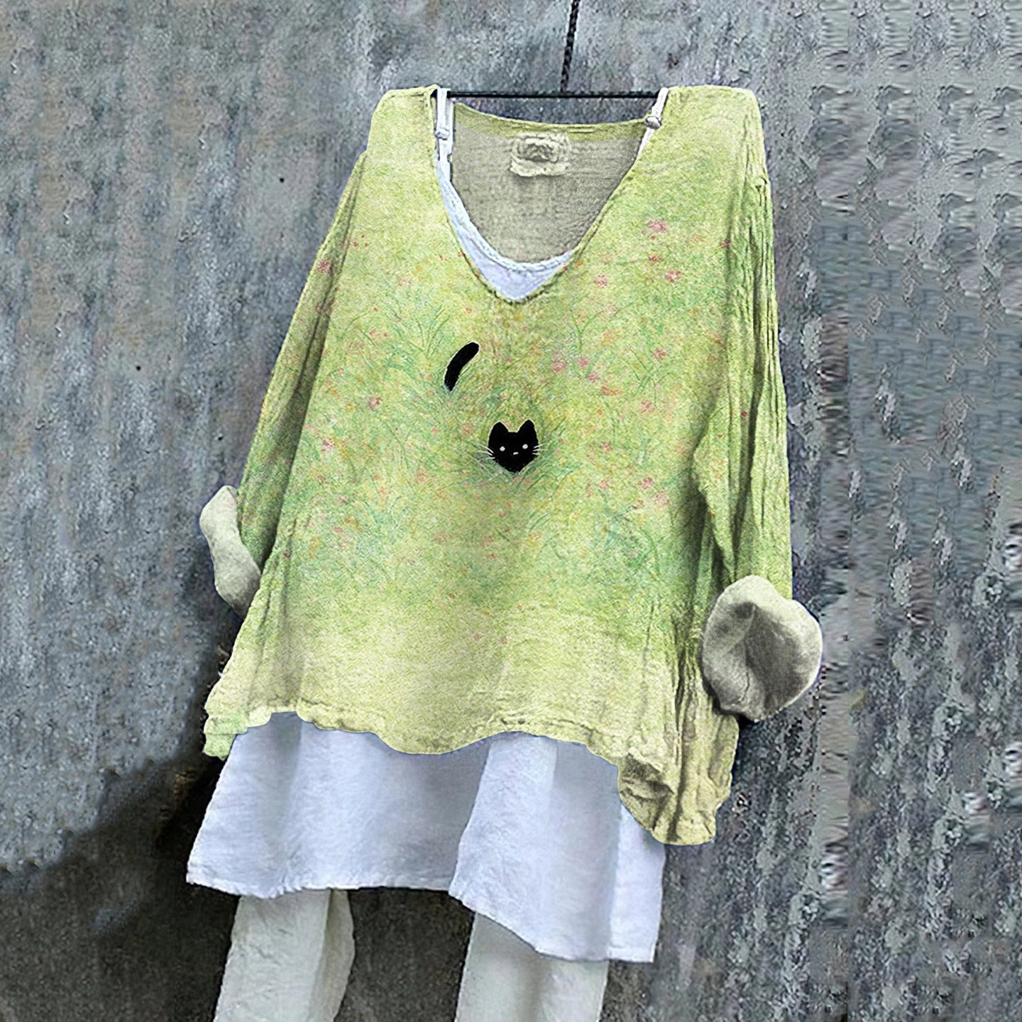 Women's Black Cat Print Shirt elevenforest