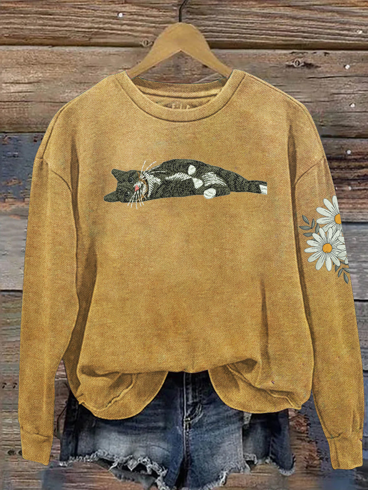 Laying Down Cat Floral Embroidered Women's Sweatshirt elevenforest