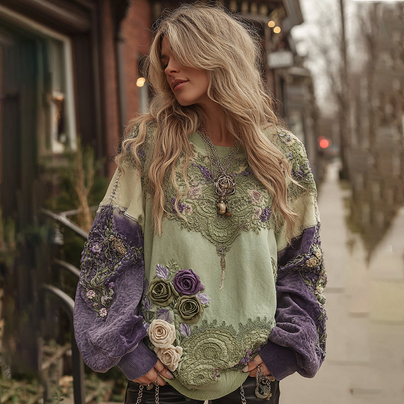 Comstylish Vintage Classy Gradient Purple Lavender And Floral Embroidered Art Linen Long Sleeve Sweatshirt