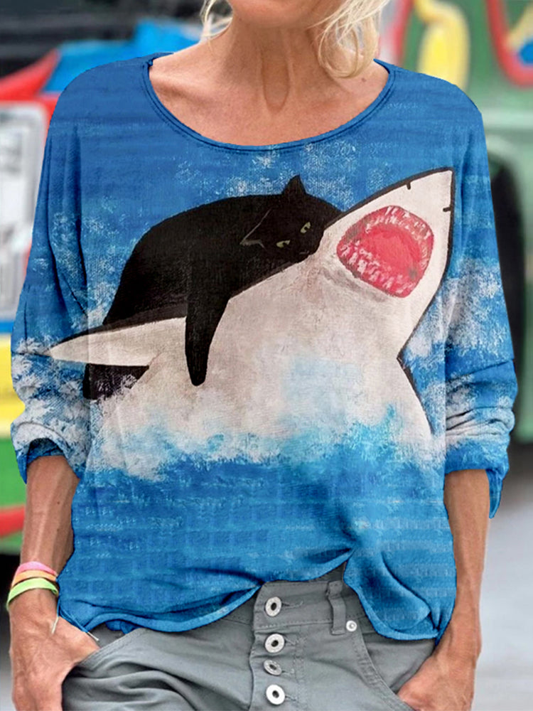 Shark Was Defeated By Black Cat Graphic Funny T Shirt elevenforest