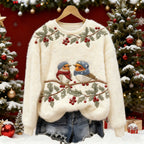 Comstylish Women's Christmas Flower And Bird Embroidery Art Plush Sweatshirt