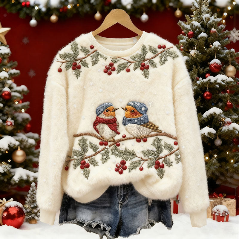 Comstylish Women's Christmas Flower And Bird Embroidery Art Plush Sweatshirt