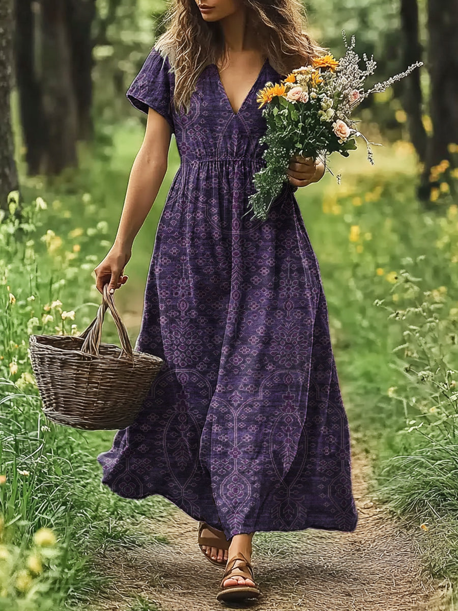 Women's Art Painting Purple Floral Vintage Print V-Neck Short Sleeve D