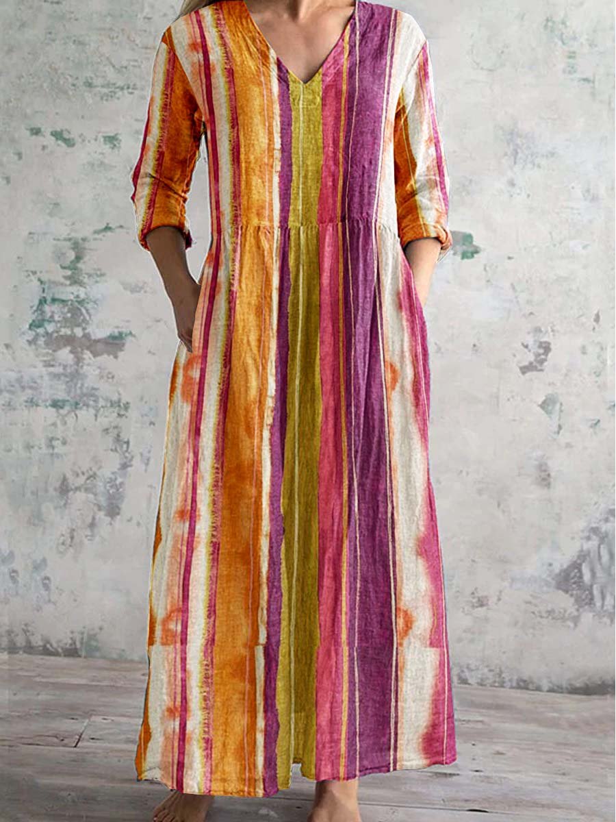 Women's Vintage Boho Stripe Pattern V Neck Dress with Pockets