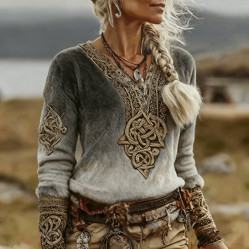 Comstylish Women's Viking Celtic Gradient Pattern Art Cozy Flannel Sweatshirt