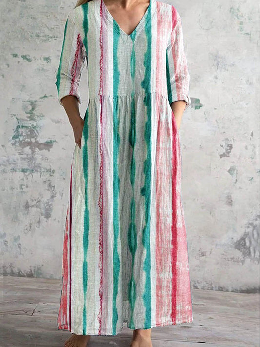 Women's Vintage Boho Stripe Pattern V Neck Dress with Pockets