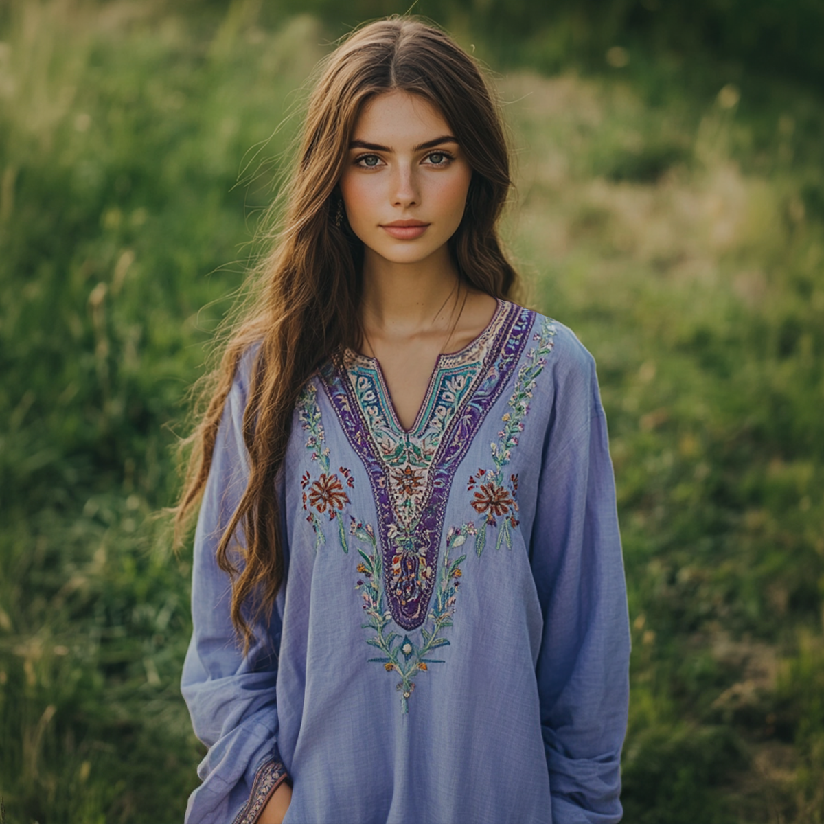 Boho Purple Floral Embroidery Linen Blend Loose Blouse artswardrobe