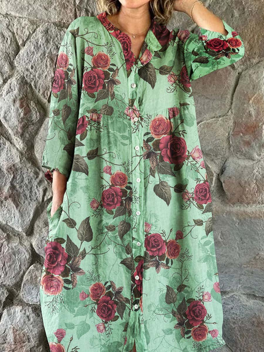 Women's Elegant Vintage Floral Print Shirt Style Cotton and Linen Dres