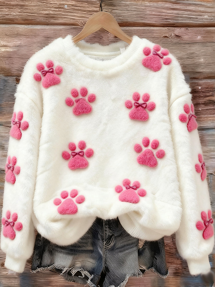 Comstylish Pink Cat Paw Print Flannel Crew Neck Sweatshirt