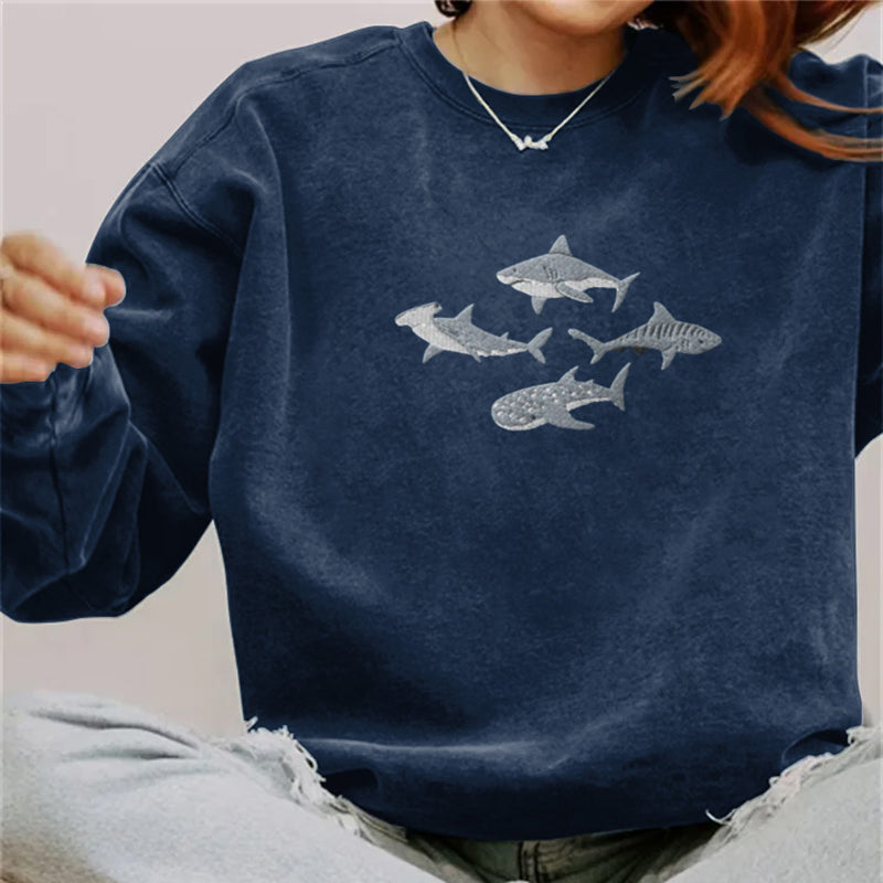 Comstylish Shark And Whale Print Crew Neck Casual Sweatshirt