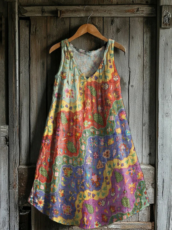 Women's Boho Floral Print V-neck Pocket Cotton Dress