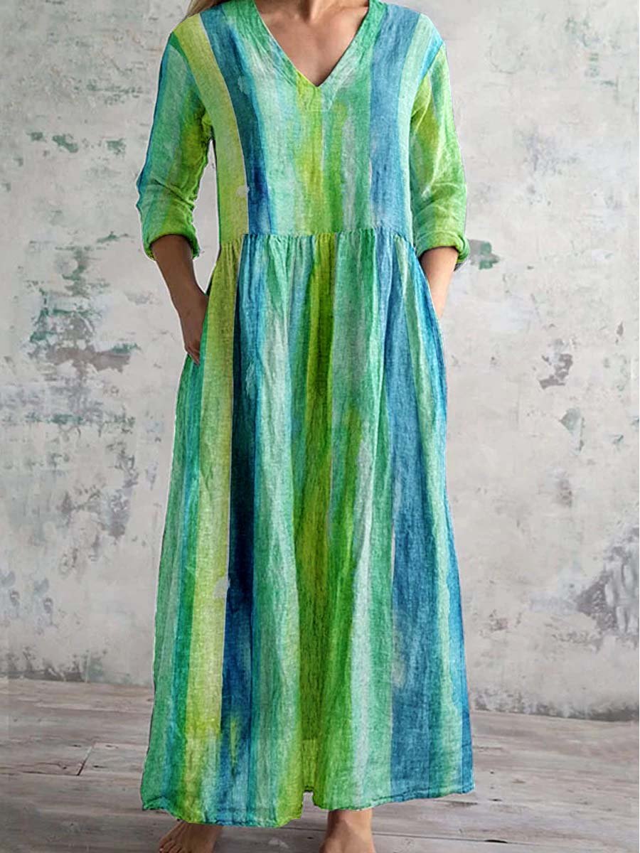 Women's Vintage Boho Stripe Pattern V Neck Dress with Pockets