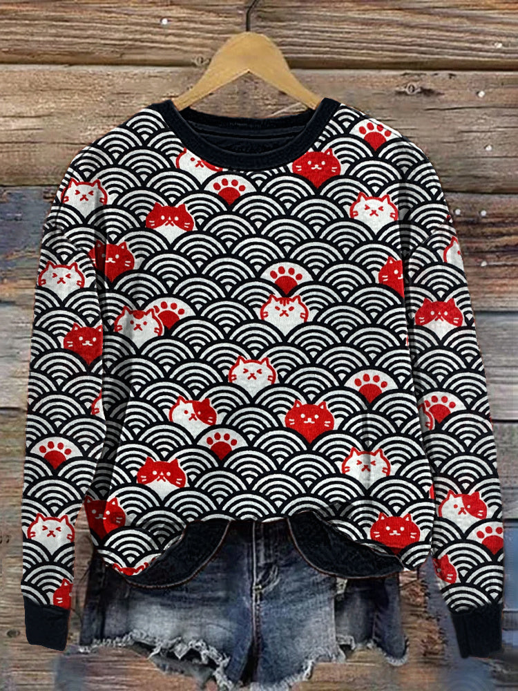 Japanese vintage Cats And Waves Pattern Cozy Sweatshirt elevenforest