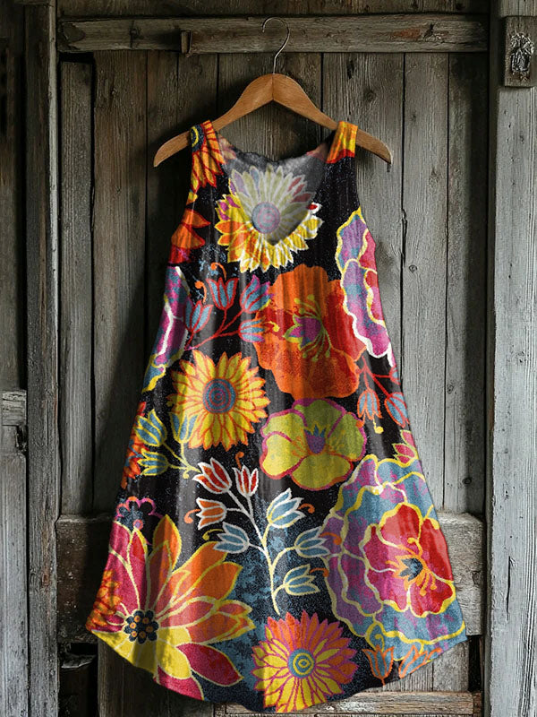 Women's Floral Embellished Pattern Art Print V-Neck Pocket Cotton Dres