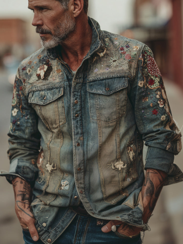 Men's Vintage Faded Denim Western-style Embroidered Printed Shirt artswardrobe