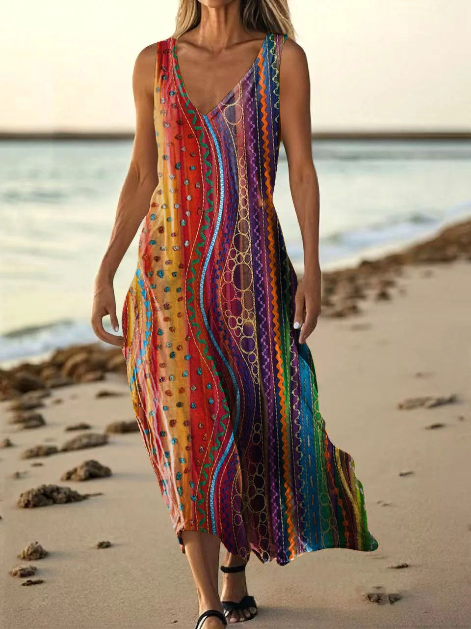 Women's Color Line Folk Art Print V-neck Sleeveless Pocket Cotton Dres