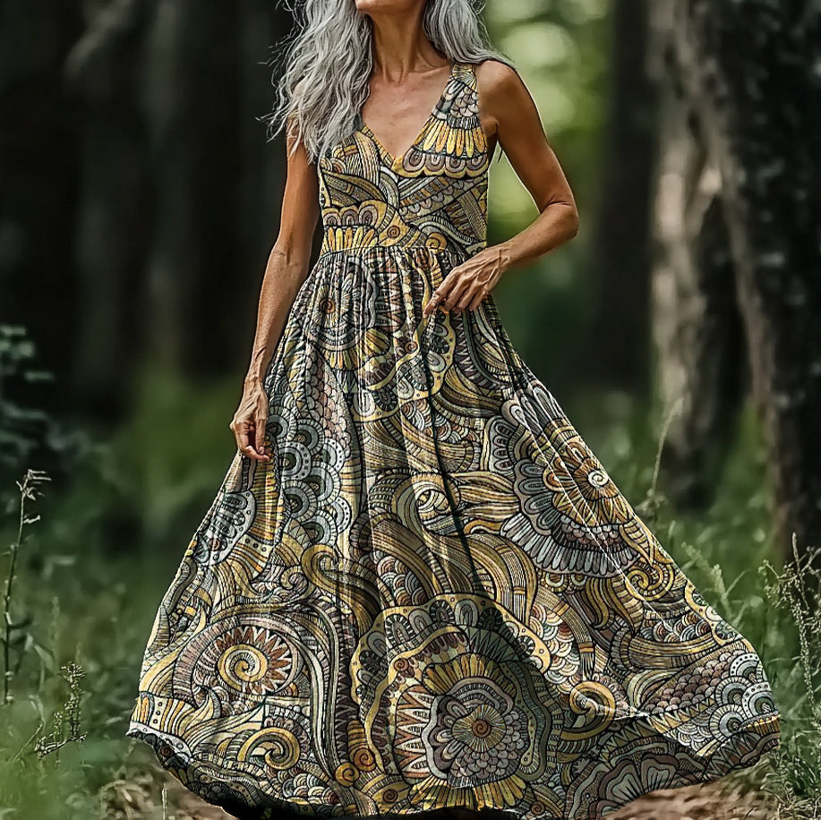 Women's Ethnic Totem Floral Art Pattern Print V-neck Sleeveless Cotton