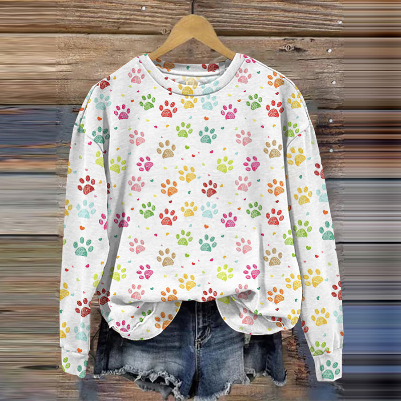 Comstylish Dog Paw Print Crew Neck Casual Sweatshirt