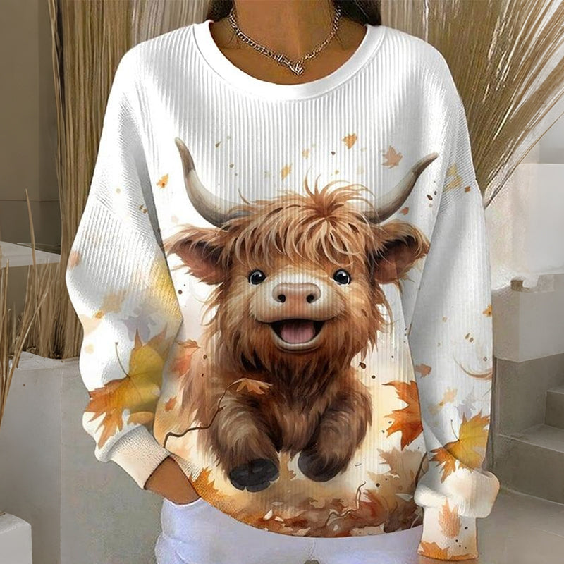 Comstylish Women's Cute Highland Cow Print Casual Crew Neck Sweatshirt