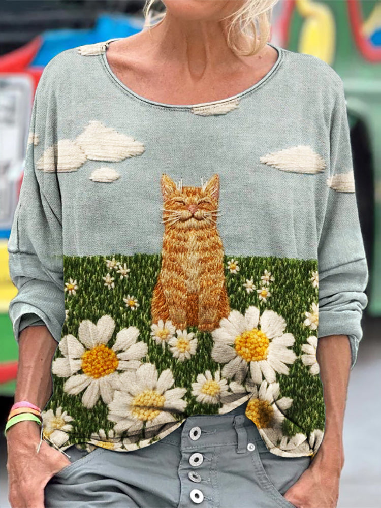 Comstylish Purring Cat & Daisies Field Embroidered Art T Shirt