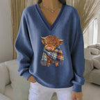 Women's Vintage Highland Cow Print V Neck Casual Sweatshirt artswardrobe