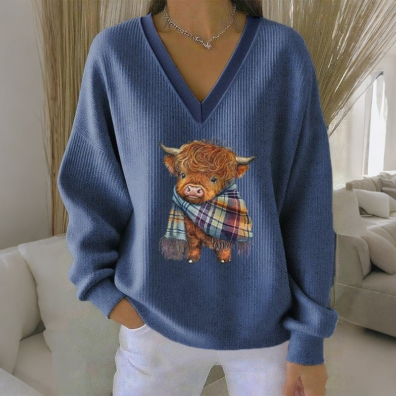 Women's Vintage Highland Cow Print V Neck Casual Sweatshirt artswardrobe