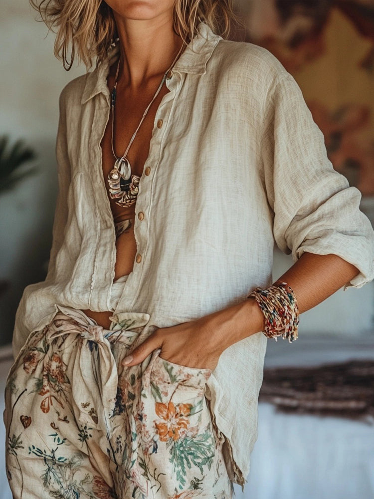 Comstylish Vintage Solid Color Linen Blend Cozy Blouse